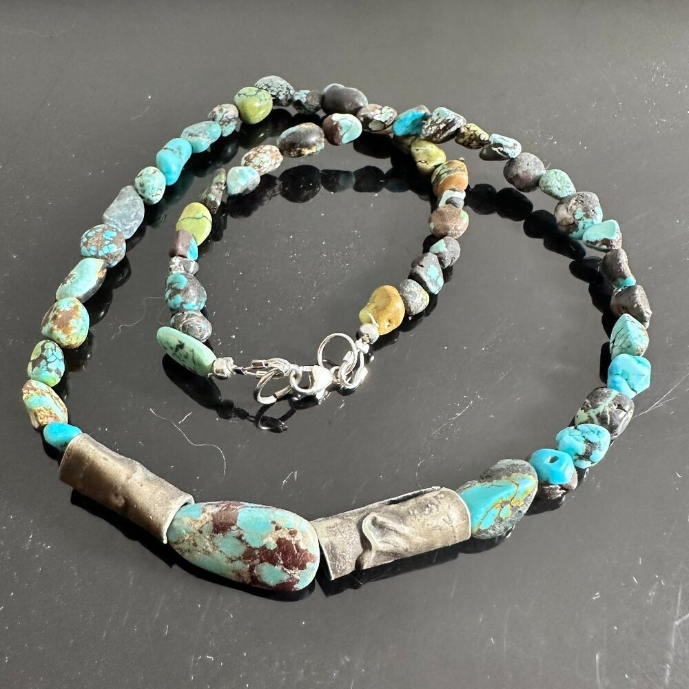 Genuine Hubei Turquoise Choker Necklace Sterling Silver Handmade Tribal